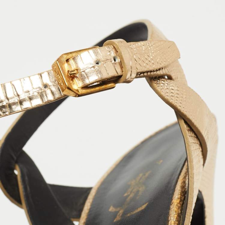 Pre Owned Saint Laurent Gold Lizard Embossed Leather Tribute Ankle Strap Sandals Size 39