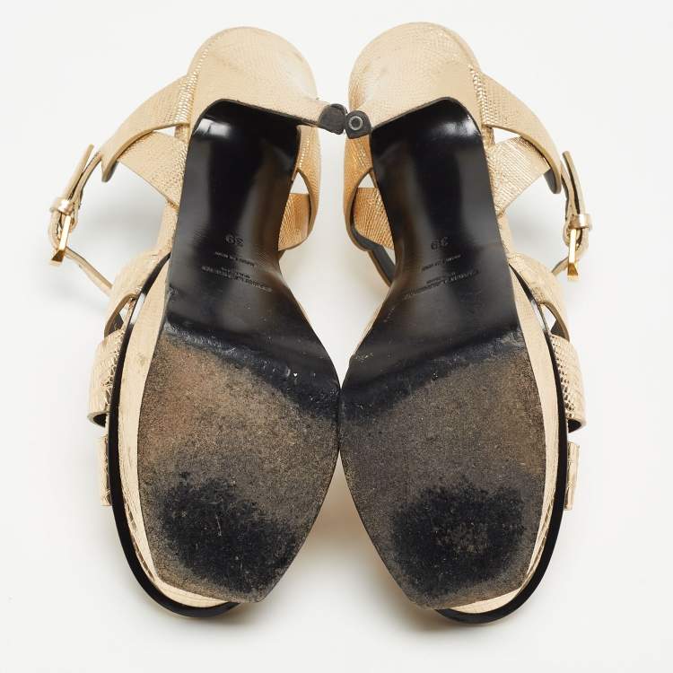 Pre Owned Saint Laurent Gold Lizard Embossed Leather Tribute Ankle Strap Sandals Size 39