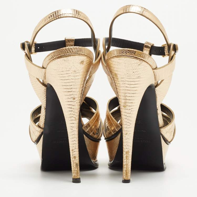 Pre Owned Saint Laurent Gold Lizard Embossed Leather Tribute Ankle Strap Sandals Size 39