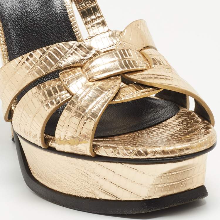 Pre Owned Saint Laurent Gold Lizard Embossed Leather Tribute Ankle Strap Sandals Size 39