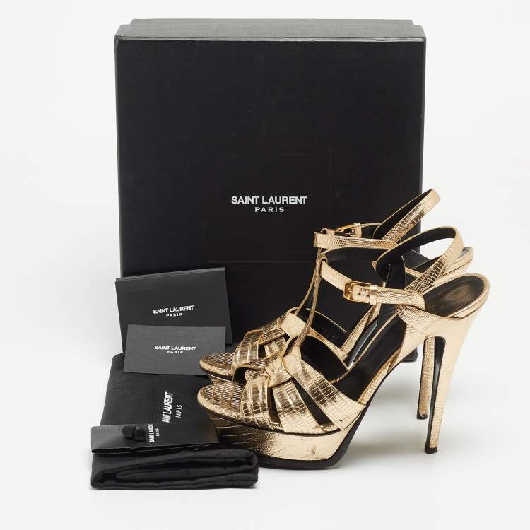 Pre Owned Saint Laurent Gold Lizard Embossed Leather Tribute Ankle Strap Sandals Size 39