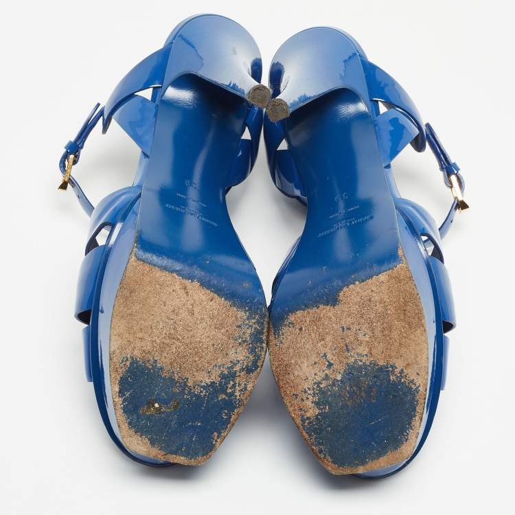 Pre Owned Saint Laurent Blue  Patent Tribute Ankle Strap Sandals Size 39