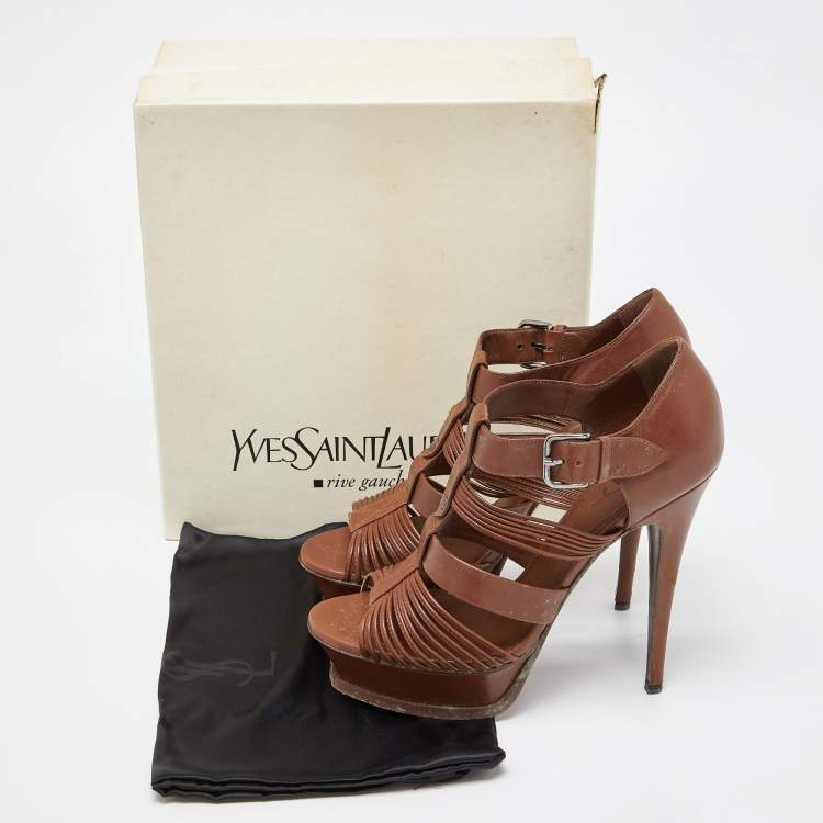 Pre Owned Saint Laurent Brown Leather Strappy Platform Sandals Size 39.5