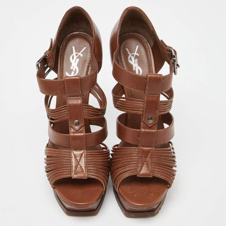 Pre Owned Saint Laurent Brown Leather Strappy Platform Sandals Size 39.5