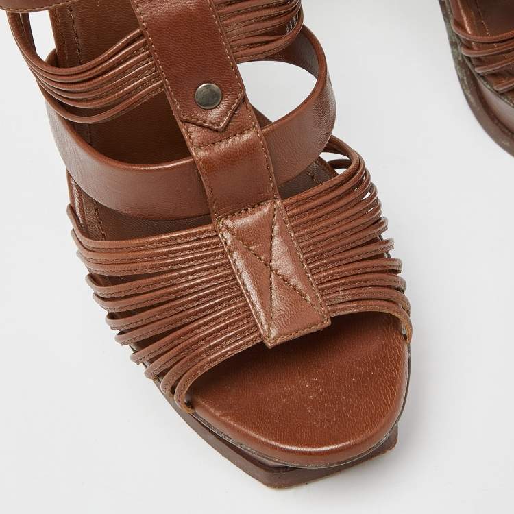 Pre Owned Saint Laurent Brown Leather Strappy Platform Sandals Size 39.5