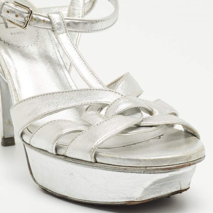 Pre Owned Saint Laurent Silver Leather Tribute  Ankle Strap Sandals Size 39.5 