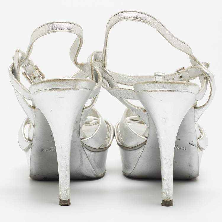 Pre Owned Saint Laurent Silver Leather Tribute  Ankle Strap Sandals Size 39.5 