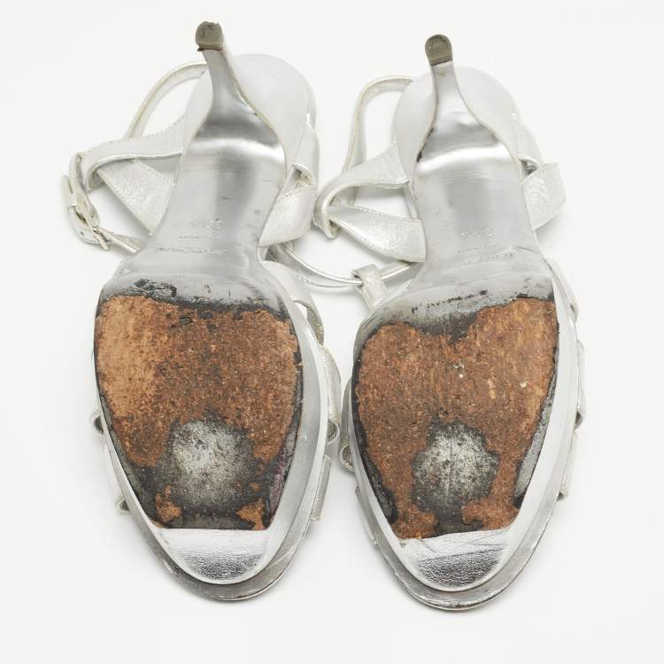Pre Owned Saint Laurent Silver Leather Tribute  Ankle Strap Sandals Size 39.5 