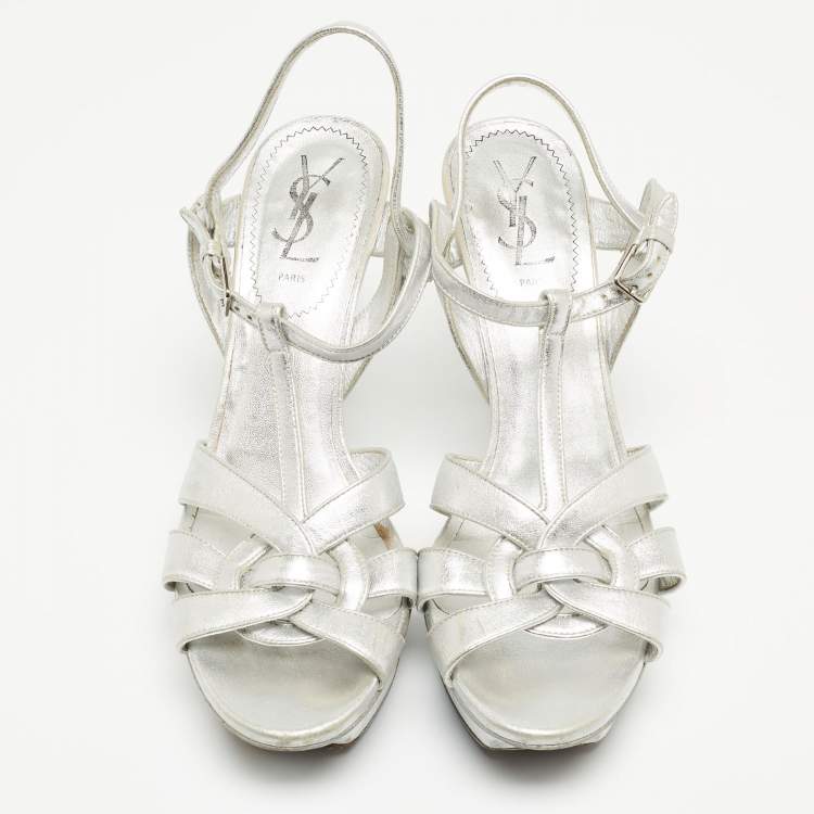 Pre Owned Saint Laurent Silver Leather Tribute  Ankle Strap Sandals Size 39.5 