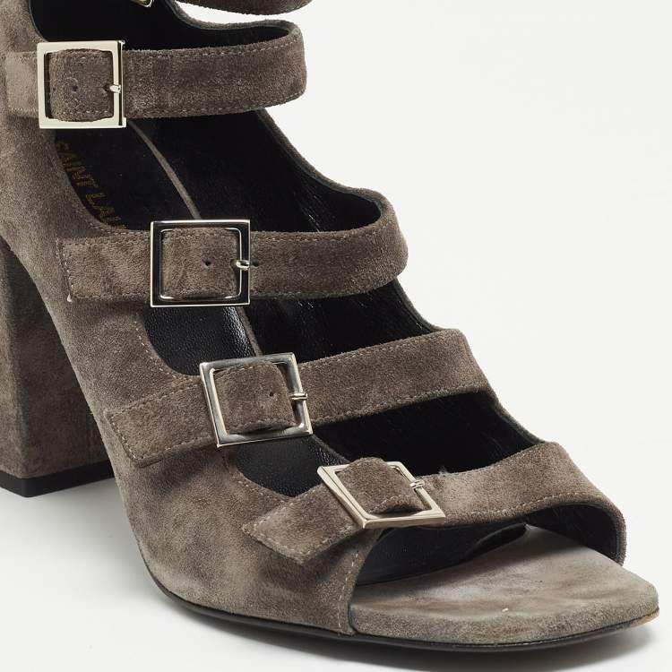 Pre Owned Saint Laurent Grey Suede Ankle Strap Sandals Size 37.5