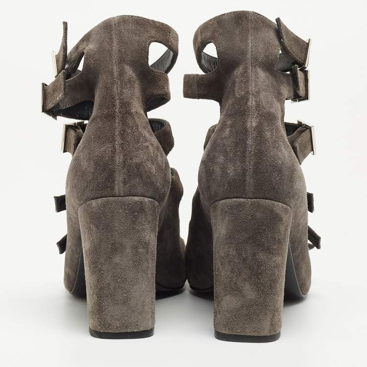 Pre Owned Saint Laurent Grey Suede Ankle Strap Sandals Size 37.5