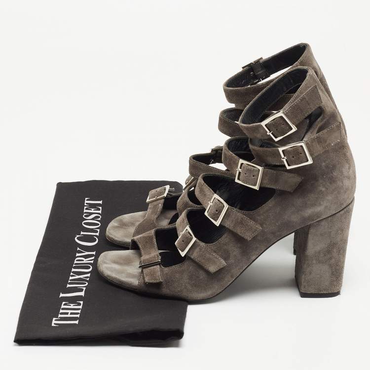 Pre Owned Saint Laurent Grey Suede Ankle Strap Sandals Size 37.5