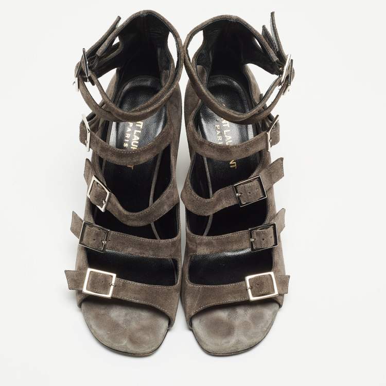 Pre Owned Saint Laurent Grey Suede Ankle Strap Sandals Size 37.5