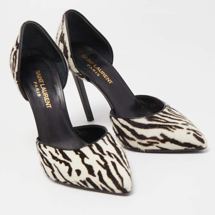 Pre Owned Saint Laurent White/Black Calf Hair Pointed Toe Pumps Size 36