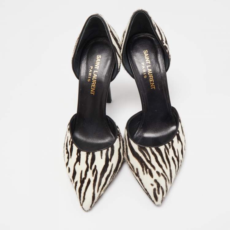 Pre Owned Saint Laurent White/Black Calf Hair Pointed Toe Pumps Size 36