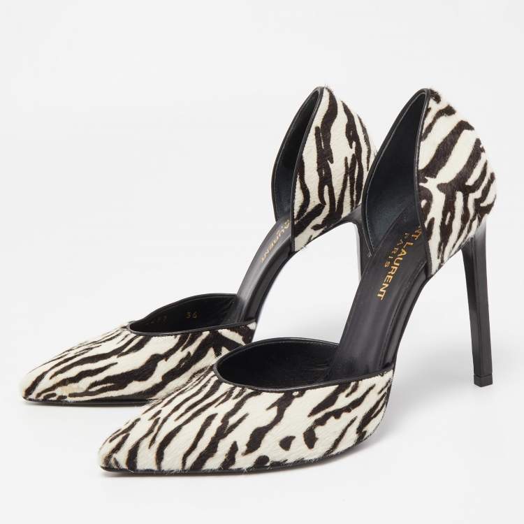 Pre Owned Saint Laurent White/Black Calf Hair Pointed Toe Pumps Size 36