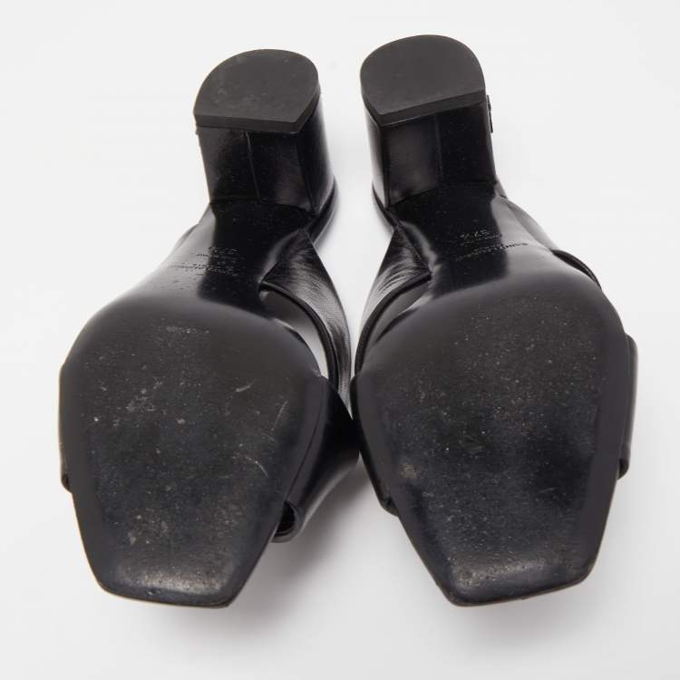مملوكة مسبقًا Saint Laurent Black Leather Loulou Criss Cross Block Heel Slide Sandals Size 37.5