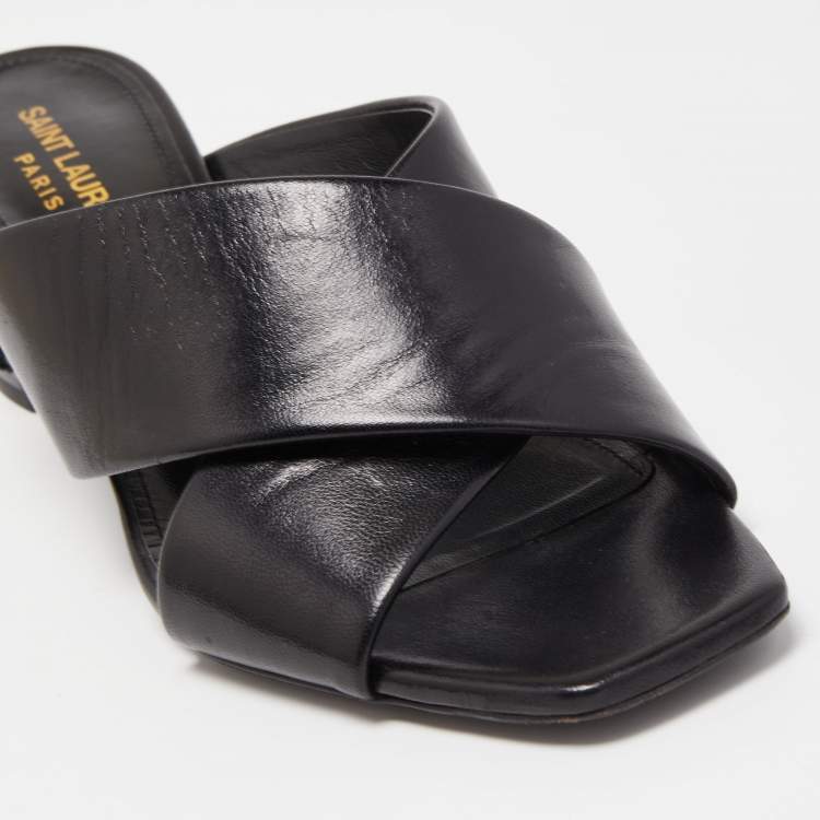 مملوكة مسبقًا Saint Laurent Black Leather Loulou Criss Cross Block Heel Slide Sandals Size 37.5