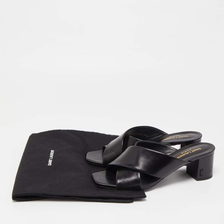 مملوكة مسبقًا Saint Laurent Black Leather Loulou Criss Cross Block Heel Slide Sandals Size 37.5