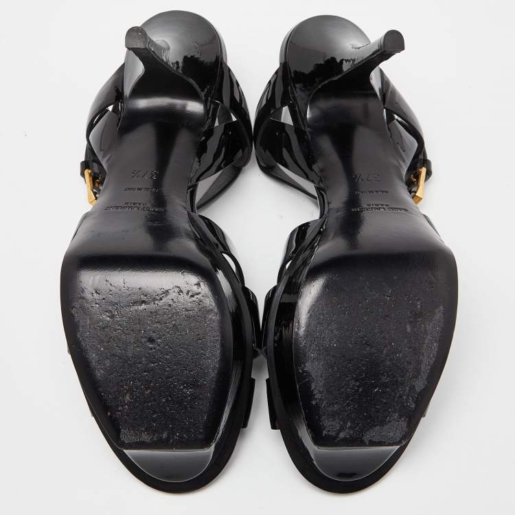 Pre Owned Saint Laurent Black Patent Leather Tribute Ankle Strap Sandals Size 37.5