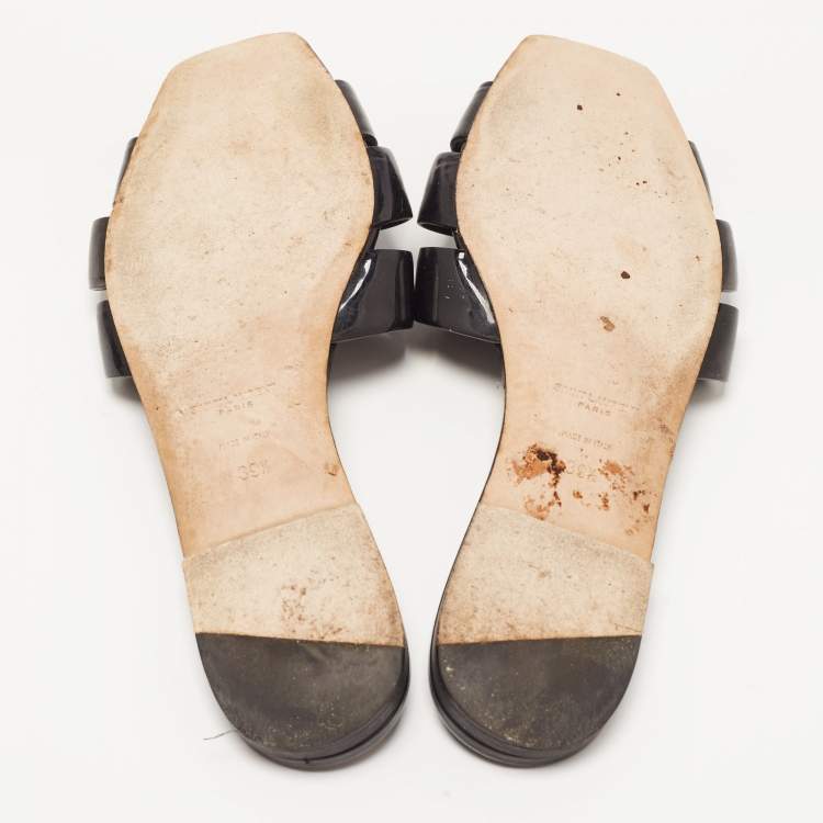 Pre Owned Saint Laurent Black Patent Leather Tribute Flat Slides Size 39.5