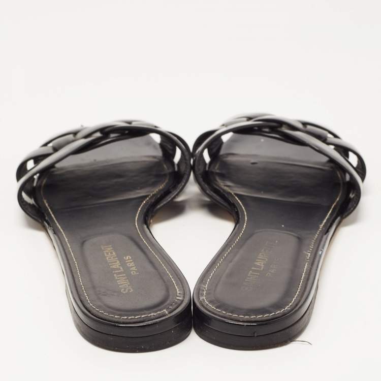 Pre Owned Saint Laurent Black Patent Leather Tribute Flat Slides Size 39.5