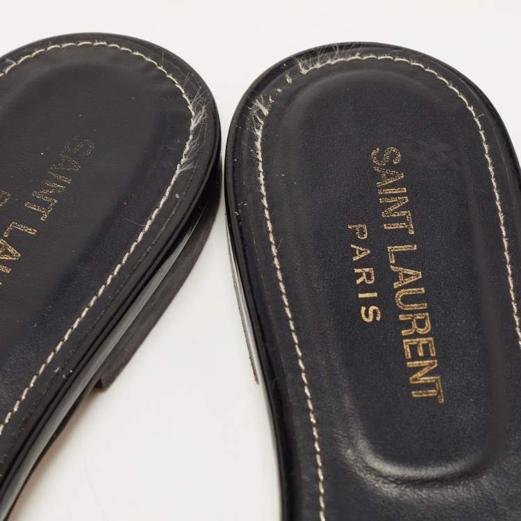 Pre Owned Saint Laurent Black Patent Leather Tribute Flat Slides Size 39.5