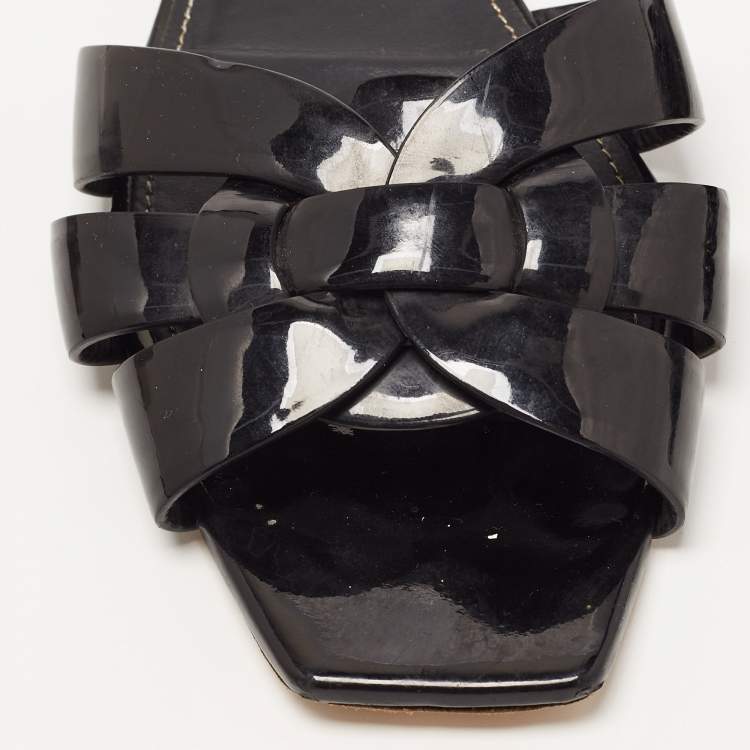 Pre Owned Saint Laurent Black Patent Leather Tribute Flat Slides Size 39.5