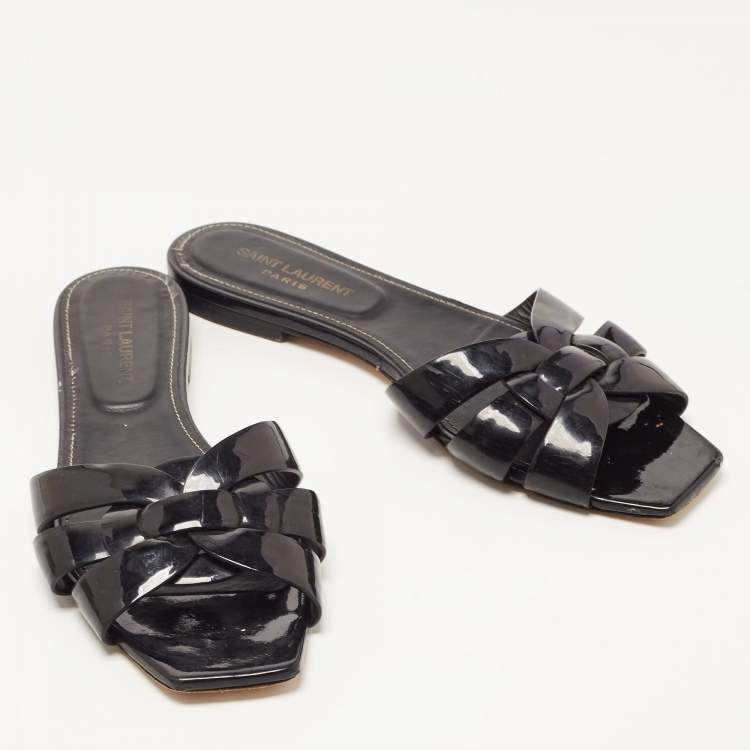 Pre Owned Saint Laurent Black Patent Leather Tribute Flat Slides Size 39.5