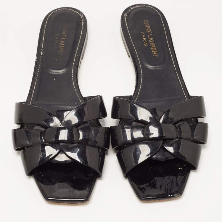 Pre Owned Saint Laurent Black Patent Leather Tribute Flat Slides Size 39.5