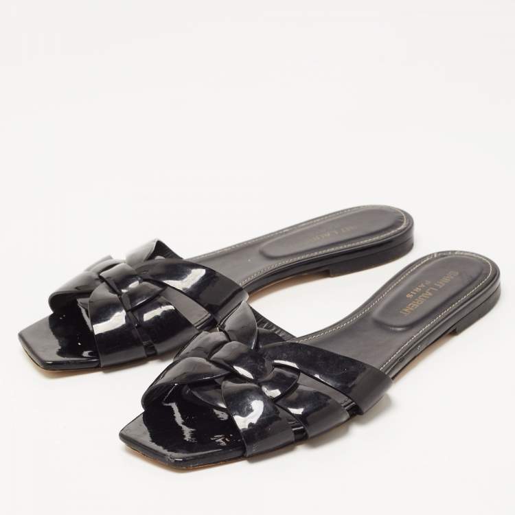 Pre Owned Saint Laurent Black Patent Leather Tribute Flat Slides Size 39.5