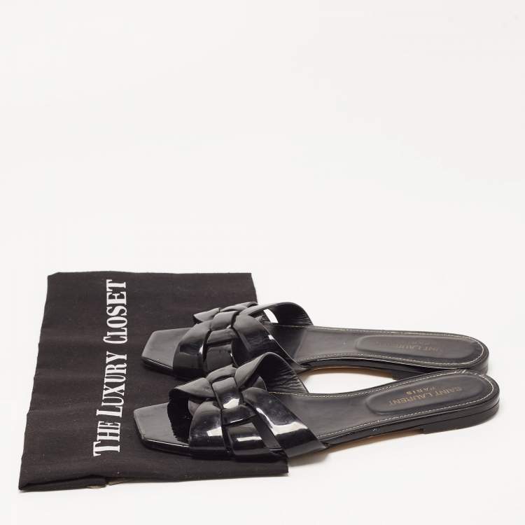 Pre Owned Saint Laurent Black Patent Leather Tribute Flat Slides Size 39.5