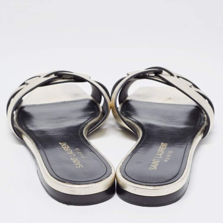 Pre Owned Saint Laurent Metallic Leather Tribute Slides Size 36