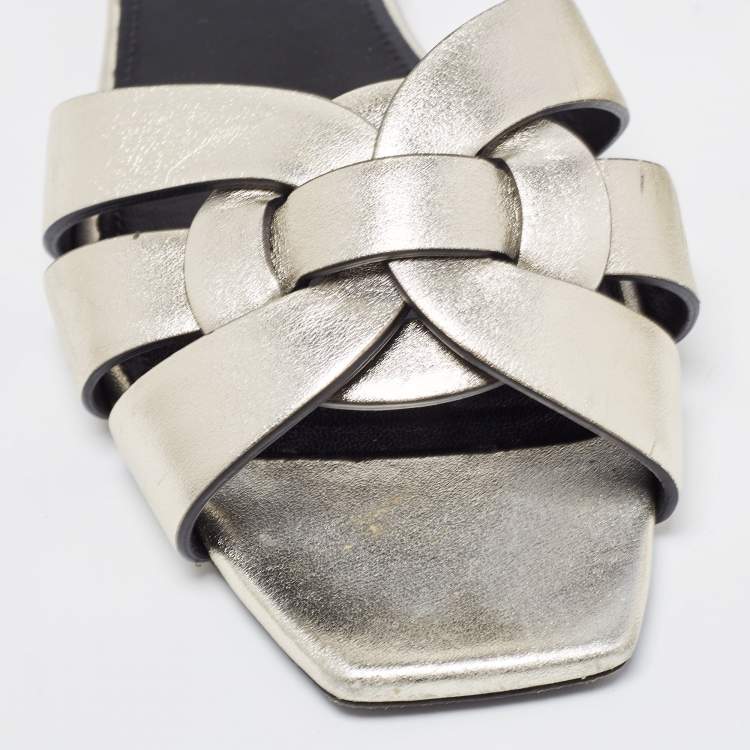 Pre Owned Saint Laurent Metallic Leather Tribute Slides Size 36