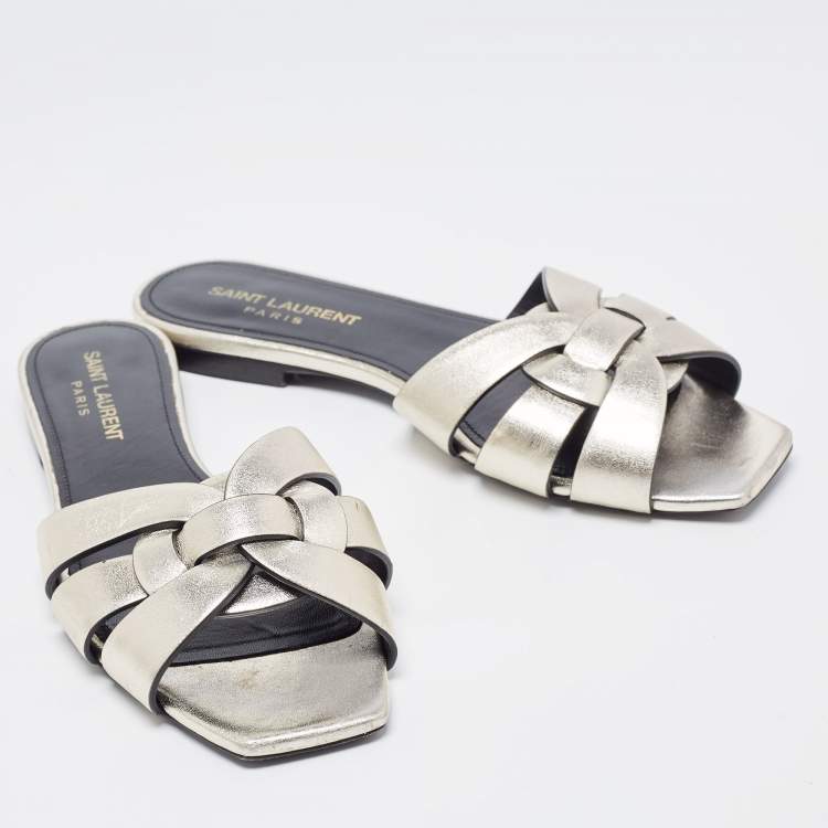 Pre Owned Saint Laurent Metallic Leather Tribute Slides Size 36