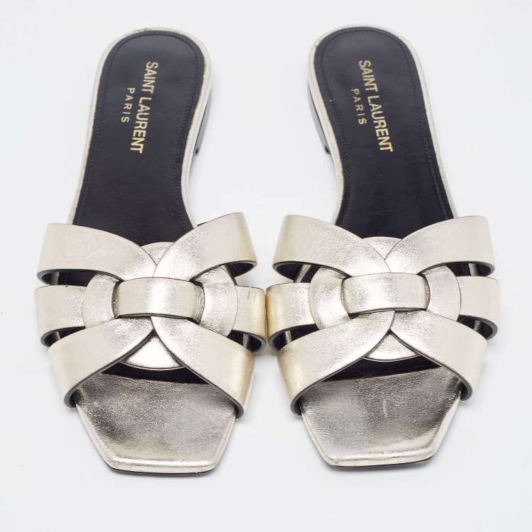 Pre Owned Saint Laurent Metallic Leather Tribute Slides Size 36