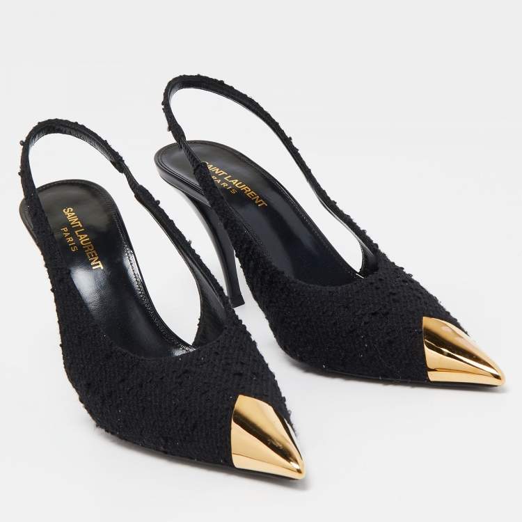Pre Owned Saint Laurent Black Tweed Vesper Slingback Pumps Size 38
