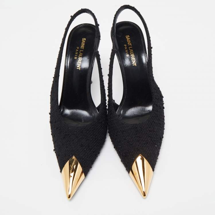 Pre Owned Saint Laurent Black Tweed Vesper Slingback Pumps Size 38