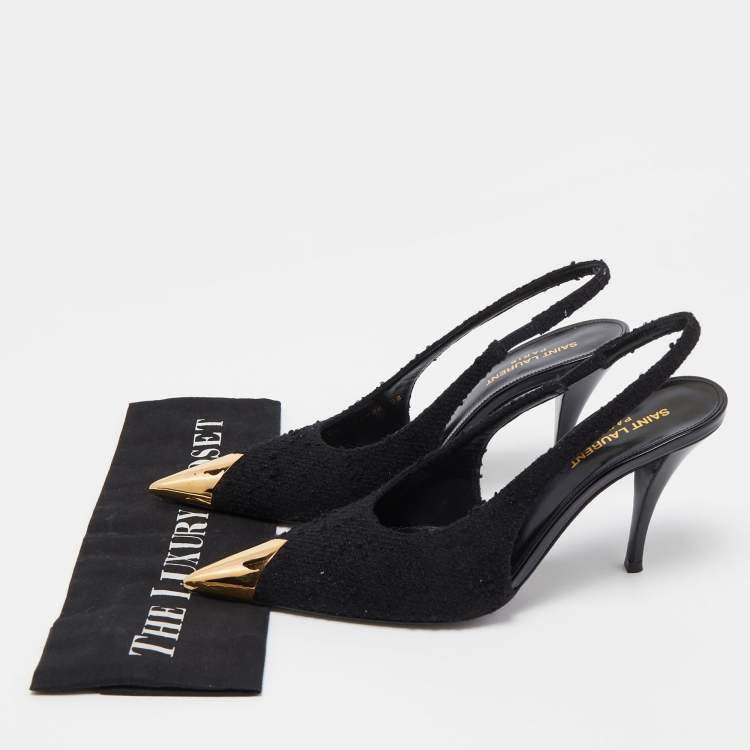 Pre Owned Saint Laurent Black Tweed Vesper Slingback Pumps Size 38