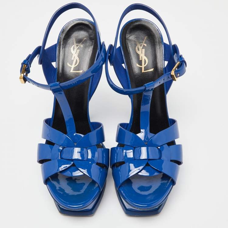 Pre Owned Saint Laurent Blue Patent Leather Tribute Platform Sandals Size 40