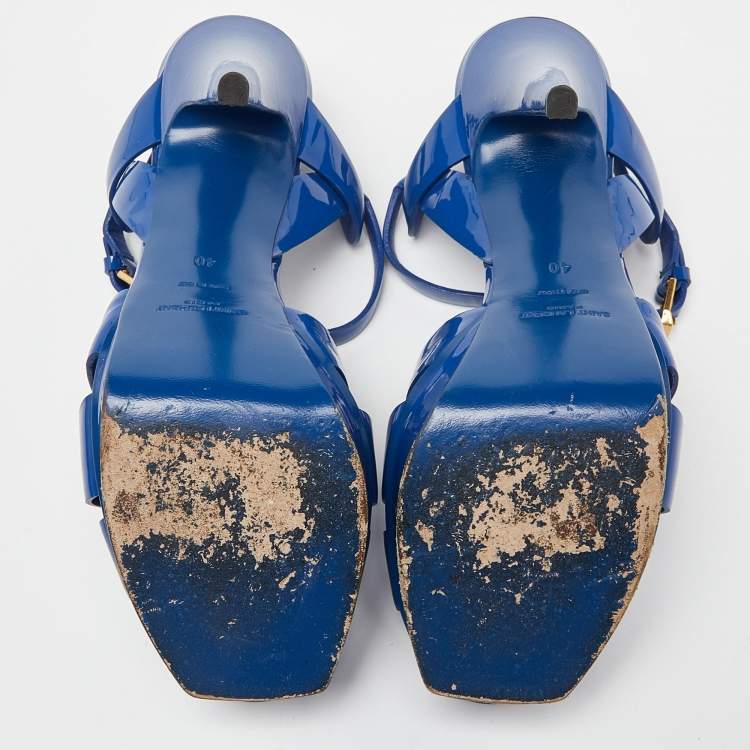 Pre Owned Saint Laurent Blue Patent Leather Tribute Platform Sandals Size 40