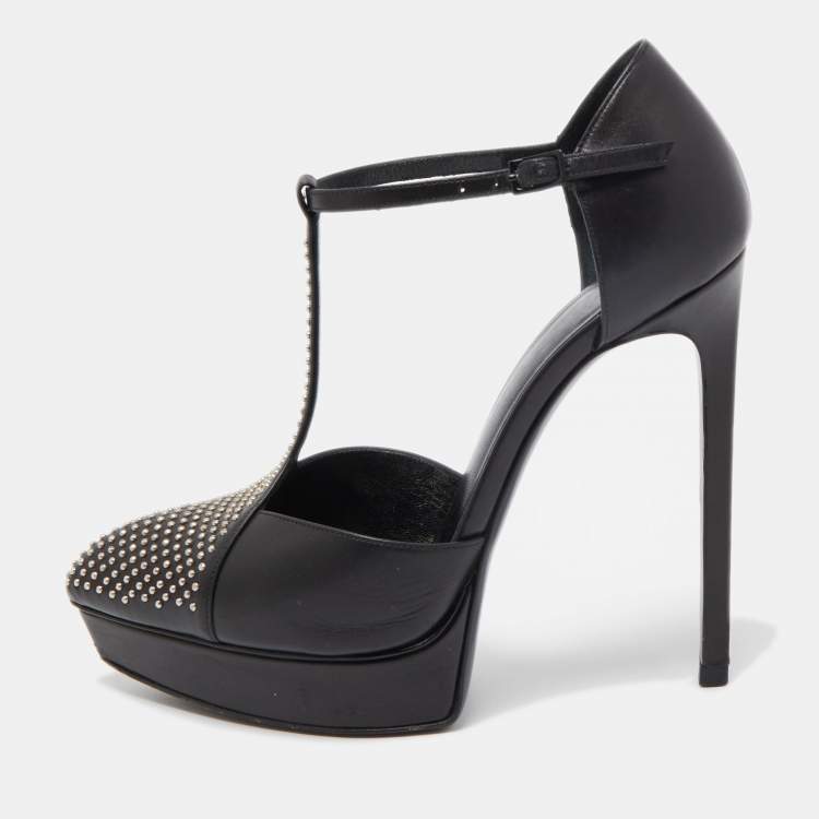 Pre Owned Saint Laurent Black Leather Studded T-Bar Platform Ankle Strap Pumps Size 36.5
