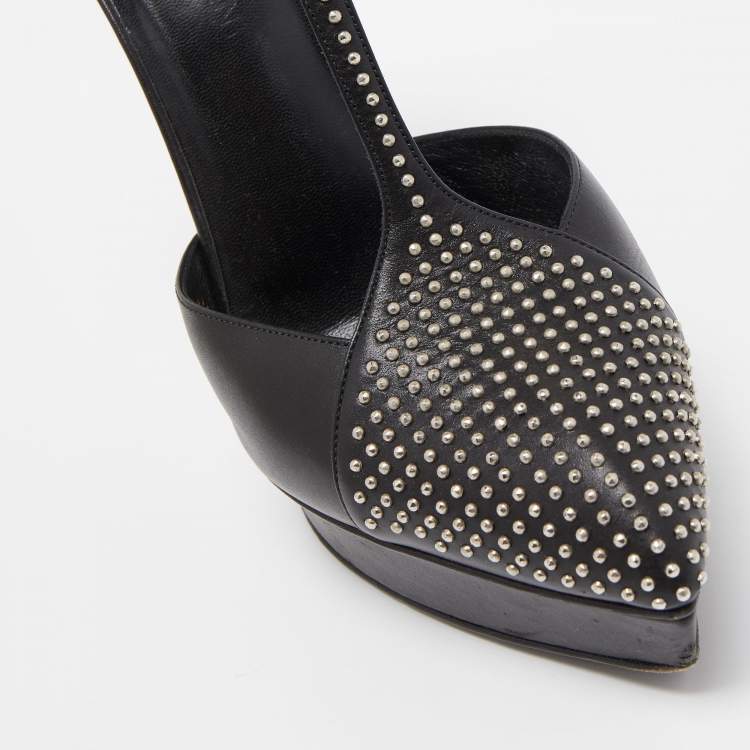 Pre Owned Saint Laurent Black Leather Studded T-Bar Platform Ankle Strap Pumps Size 36.5