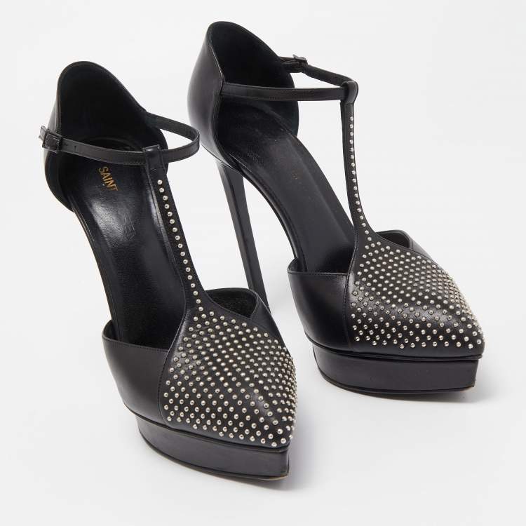 Pre Owned Saint Laurent Black Leather Studded T-Bar Platform Ankle Strap Pumps Size 36.5