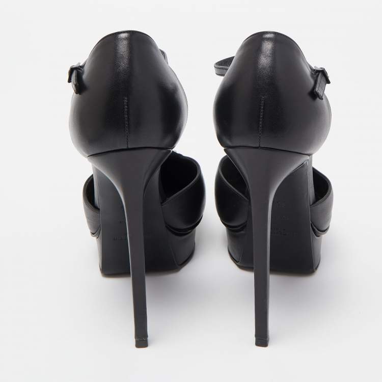 Pre Owned Saint Laurent Black Leather Studded T-Bar Platform Ankle Strap Pumps Size 36.5