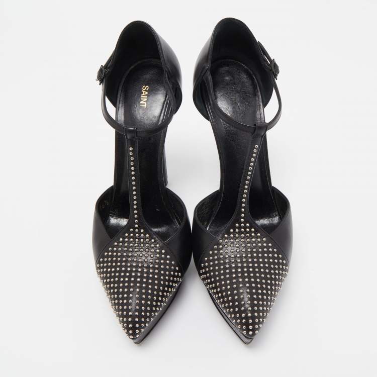 Pre Owned Saint Laurent Black Leather Studded T-Bar Platform Ankle Strap Pumps Size 36.5