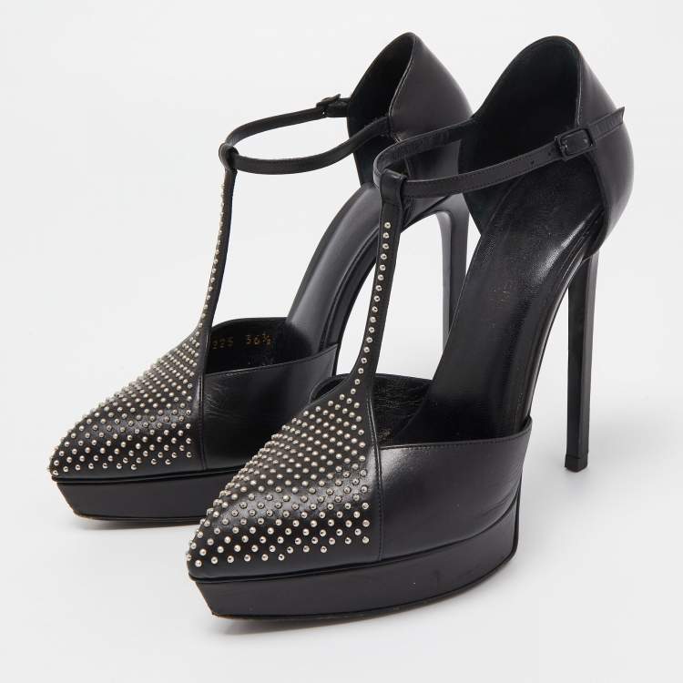 Pre Owned Saint Laurent Black Leather Studded T-Bar Platform Ankle Strap Pumps Size 36.5
