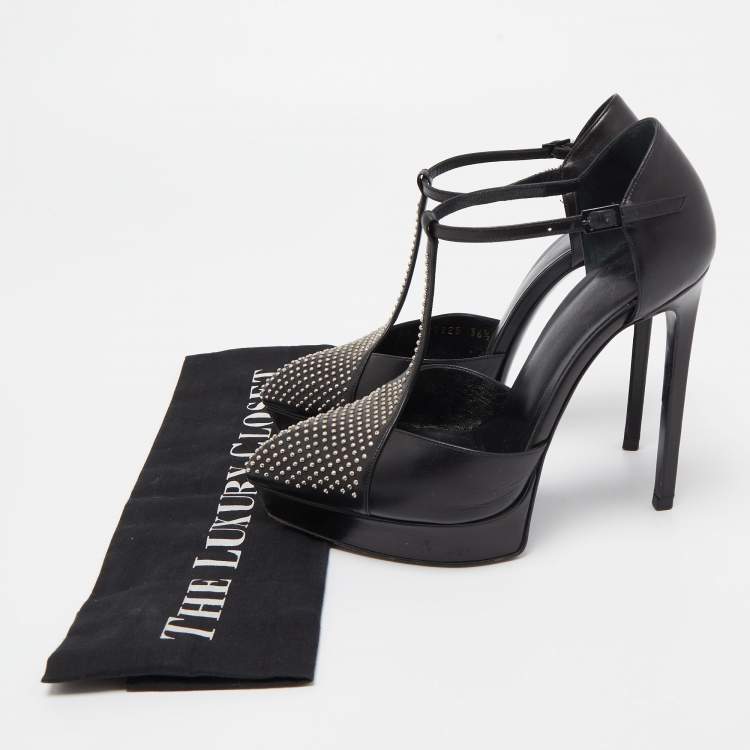 Pre Owned Saint Laurent Black Leather Studded T-Bar Platform Ankle Strap Pumps Size 36.5