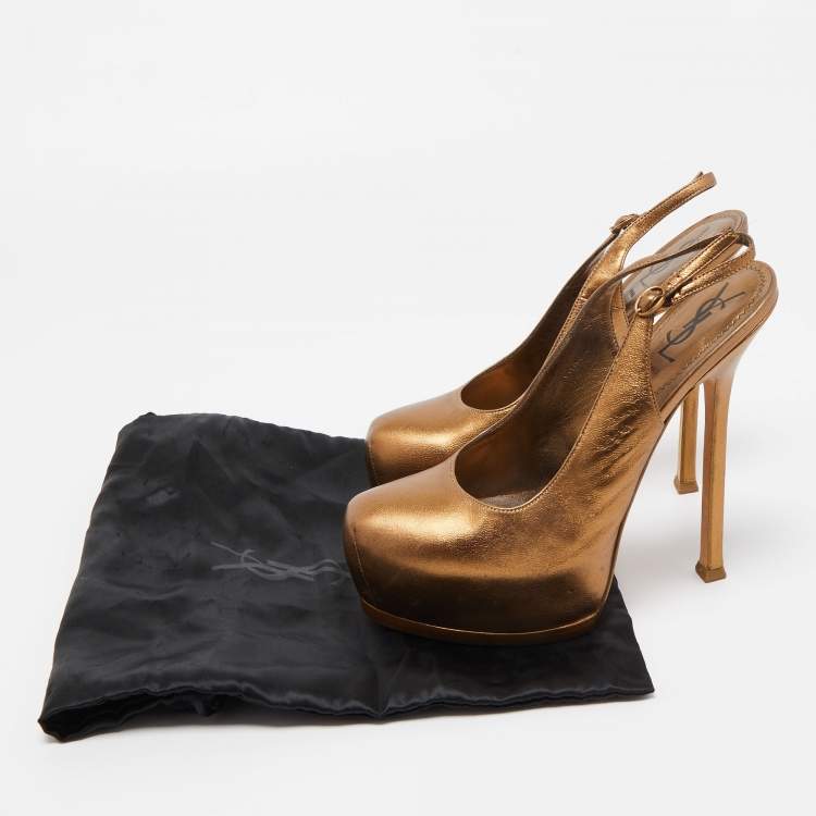 Pre Owned Saint Laurent Metallic Leather Tribtoo Slingback Pumps Size 38.5