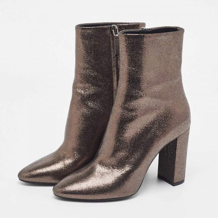 Pre Owned Saint Laurent Metallic Textured Leather Ankle Booties Size 37  